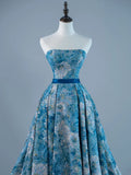 Sexy Ball Gown Strapless Sleeveless Blue Floral Satin Long Prom Dresses Evening Outfits Formal Dress HZ0311