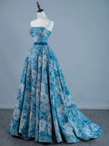 Sexy Ball Gown Strapless Sleeveless Blue Floral Satin Long Prom Dresses Evening Outfits Formal Dress HZ0311
