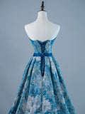 Sexy Ball Gown Strapless Sleeveless Blue Floral Satin Long Prom Dresses Evening Outfits Formal Dress HZ0311