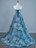 Sexy Ball Gown Strapless Sleeveless Blue Floral Satin Long Prom Dresses Evening Outfits Formal Dress HZ0311