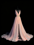 Princess A line Spaghetti Strap Blush Pink Chiffon Slit Long Prom Dresses Evening Outfits Formal Dress HZ0311