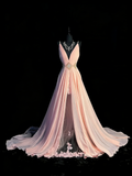 Princess A line Spaghetti Strap Blush Pink Chiffon Slit Long Prom Dresses Evening Outfits Formal Dress HZ0311