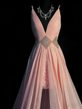Princess A line Spaghetti Strap Blush Pink Chiffon Slit Long Prom Dresses Evening Outfits Formal Dress HZ0311