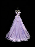 Princess Ball Gown Off The Shoulder Lilac Tulle Long Prom Dresses Evening Outfits Formal Dress HZ0311