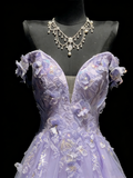 Princess Ball Gown Off The Shoulder Lilac Tulle Long Prom Dresses Evening Outfits Formal Dress HZ0311