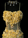 Unique Mermaid Spaghetti Strap Yellow Tulle Flowers 1950s Long Prom Dresses Party Dress 18th Birthday Outfits HZ0311
