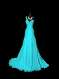 Unique A Line Blue Chiffon With Pleated Bodice 1950s Long Prom Dresses Party Dress 18th Birthday Outfits HZ0311