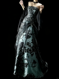 Retro Ball Gown Strapless Satin Floral With Cape Party Dresses Long Prom Dresses Impress Senior Formal Dance Dress HZ0311