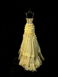 Unique Mermaid Spaghetti Strap Yellow Tulle Flowers 1950s Long Prom Dresses Party Dress 18th Birthday Outfits HZ0311