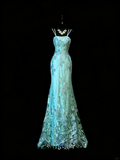 Unique Mermaid Spaghetti Straps Blue Lace Tulle 1950s Long Prom Dresses Party Dress 18th Birthday Outfits HZ0311
