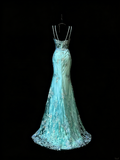 Unique Mermaid Spaghetti Straps Blue Lace Tulle 1950s Long Prom Dresses Party Dress 18th Birthday Outfits HZ0311