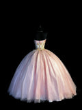 Cute Ball Gown Strapless Pink Sleeveless With Applique Tulle Long Quinceanera Dresses Sweet 15 16 Birthday Outfits HZ0311