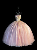 Cute Ball Gown Strapless Pink Sleeveless With Applique Tulle Long Quinceanera Dresses Sweet 15 16 Birthday Outfits HZ0311