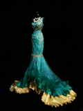 Princess Mermaid One Shoulder Gold Beaded Ruffles Long Prom Dresses Evening Outfits Formal Dress HZ0311