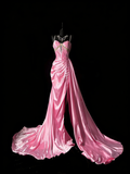 Unique Mermaid Spaghetti Straps Pink Satin Vintage 1950s Long Prom Dresses Party Dress 18th Birthday Outfits HZ0311