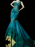 Princess Mermaid One Shoulder Gold Beaded Ruffles Long Prom Dresses Evening Outfits Formal Dress HZ0311