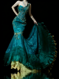 Princess Mermaid One Shoulder Gold Beaded Ruffles Long Prom Dresses Evening Outfits Formal Dress HZ0311