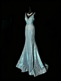 Stunning Mermaid V Neckline Blue Sequin Long Prom Dresses Evening Outfits Formal Dress HZ0311