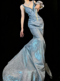 Stunning Mermaid V Neckline Blue Sequin Long Prom Dresses Evening Outfits Formal Dress HZ0311