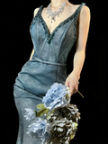 Stunning Mermaid V Neckline Blue Sequin Long Prom Dresses Evening Outfits Formal Dress HZ0311