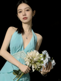 Princess A line Halter Blue Chiffon Tiered Ruffles Long Prom Dresses Evening Outfits Formal Dress HZ0311