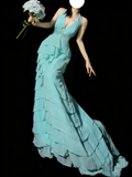 Princess A line Halter Blue Chiffon Tiered Ruffles Long Prom Dresses Evening Outfits Formal Dress HZ0311