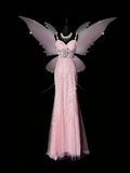 Stunning Mermaid Spaghetti Straps Blush Pink Tulle Lace Long Prom Dresses Evening Outfits Formal Dress HZ0311