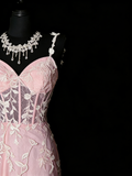 Stunning Mermaid Spaghetti Straps Blush Pink Tulle Lace Long Prom Dresses Evening Outfits Formal Dress HZ0311