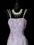 Stunning Mermaid Spaghetti Straps Lilac Tulle Lace Long Prom Dresses Evening Outfits Formal Dress HZ0311
