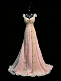 Stunning A line Sweetheart With Straps Pink Chiffon Lace Long Prom Dresses Evening Outfits Formal Dress HZ0311