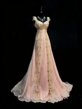 Stunning A line Sweetheart With Straps Pink Chiffon Lace Long Prom Dresses Evening Outfits Formal Dress HZ0311