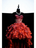 Princess Ball Gown Sweetheart Burgundy Corset Back Tiered Ruffles Long Prom Dresses Evening Outfits Formal Dress HZ0311