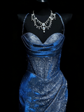 Stunning Mermaid Spaghetti Straps Navy Blue Sequins Long Prom Dresses Evening Outfits Formal Dress HZ0311