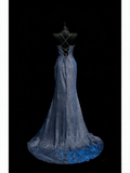 Stunning Mermaid Spaghetti Straps Navy Blue Sequins Long Prom Dresses Evening Outfits Formal Dress HZ0311
