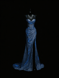 Stunning Mermaid Spaghetti Straps Navy Blue Sequins Long Prom Dresses Evening Outfits Formal Dress HZ0311