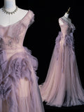 Modest Ball Gown Scoop Tulle Lilac With Appliques Bodice College Formal Outfit Long Prom Graduation Dresses HZ0311