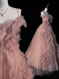 Beautiful Ball Gown Spaghetti Strap Pink Tulle Long Prom Dresses Inspiration Evening Gowns Formal Prom Dress HZ0311