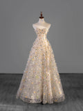 Modest Ball Gown Sweetheart Tulle Champagne With Flowers Bodice College Formal Outfit Long Prom Inspo Graduation Dresses HZ0311