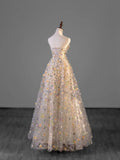 Modest Ball Gown Sweetheart Tulle Champagne With Flowers Bodice College Formal Outfit Long Prom Inspo Graduation Dresses HZ0311