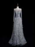 Modest A line Scoop Neck Silver Grey With Featrhers College Formal Outfit Long Prom Graduation Dresses HZ0311