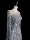 Modest A line Scoop Neck Silver Grey With Featrhers College Formal Outfit Long Prom Graduation Dresses HZ0311