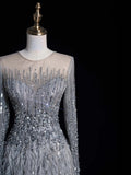 Modest A line Scoop Neck Silver Grey With Featrhers College Formal Outfit Long Prom Graduation Dresses HZ0311