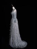 Modest A line Scoop Neck Silver Grey With Featrhers College Formal Outfit Long Prom Graduation Dresses HZ0311