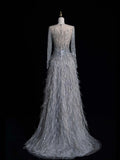Modest A line Scoop Neck Silver Grey With Featrhers College Formal Outfit Long Prom Graduation Dresses HZ0311