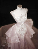 Gorgeous Pink Sequins Mermaid Beading Long Evening Dress Birthday Outfits, HZ0427