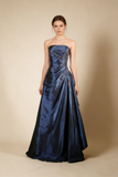 A-Line Navy Blue Strapless Satin Beading Vintage Long Party Dress Evening Dress, HZ0427