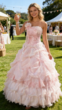 Pretty Prom Dress Strapless Pleated Flower Ball Gown Birthday Party Dress Evening Dress HZ0427