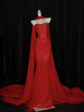 Stunning Mermaid Sweetheart Red Tulle With Scarf Long Prom Dresses Inspiration Evening Dress Princess Graduation Gown HZ0311