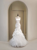 Plain Wedding Dresses Mermaid Strapless White Sleeveless Pleated Brides Dress Fitted Bridal Gowns HZ0311