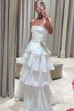 Elegant Strapless Tiered Floor Length Prom Dress, A Line Ruched Long Formal Evening Dress HZ0311